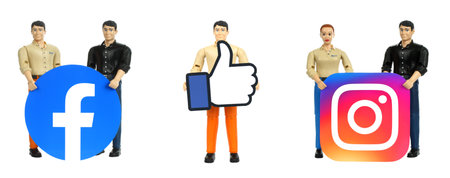 Set of Toys People with Facebook and Instagram paper icons, isolated on a white background. Facebook is a well-known social networking serviceのeditorial素材