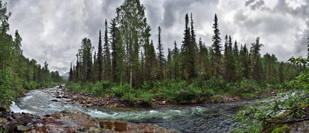 Panoramic view of summer landscape. Fast flowing mountain river among dense forests and huge stones - harsh beauty of wild natureの写真素材