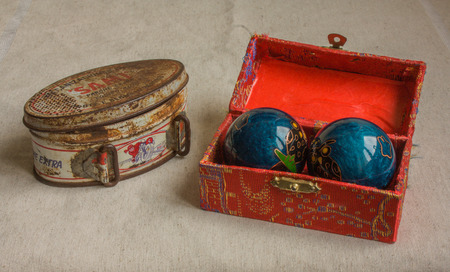 Small vintage metal and wood boxesのeditorial素材