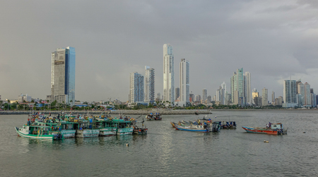 Panoramic sunset view of the bay of Panama City under a stormy skyのeditorial素材