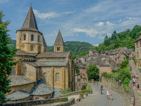 View of the medieval village of Conques and the Abbey Church of Saint Foyのeditorial素材