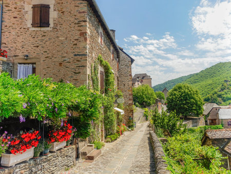 Typical narrow stone streets in the village of Conques decorated with colorful flowers