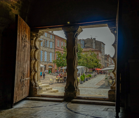 Exterior view through the main door of the Abbey of Moissacのeditorial素材