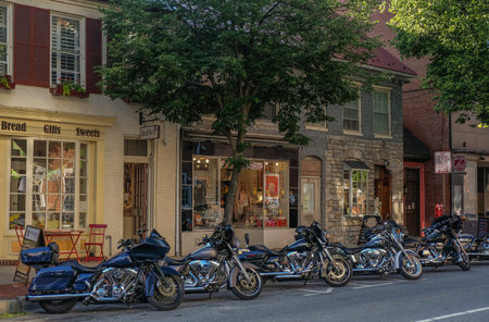 Frederick, Maryland, USA - May 23, 2018: Harley-Davidson motorcycles parked on a street in Frederick, Marylandのeditorial素材