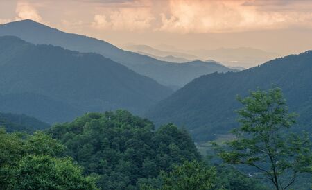 Great Smoky Mountains National Park, North Carolina, USA - June 19, 2018: Sunrise Landscape Great Smoky Mountains National Park Gatlinburg TN and Oconaluftee Valley Cherokee NCのeditorial素材