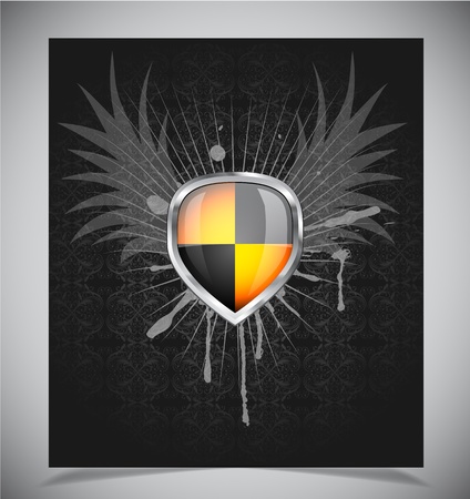 Glossy black and yellow shield emblem on black backgroundのイラスト素材