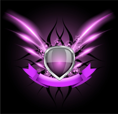 Glossy black shield emblem on dark backgroundのイラスト素材