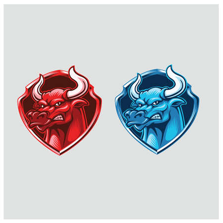 Red and Blue bull head mascot with badgeのイラスト素材
