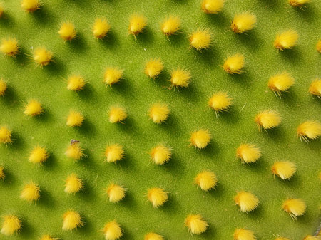 Bunny ear cactus leaf in close up with yellow dots of sharp hairs