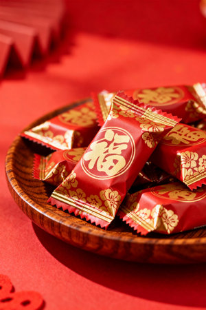 chinese new year candy on red background, chinese word means fortuneの素材