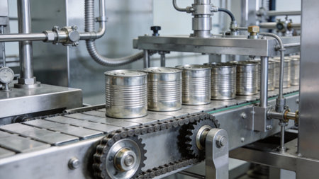 Conveyor belt with cans of beer in a modern brewery factoryの素材