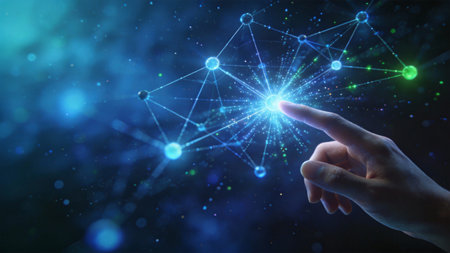 Businessman on blurred background using flying network connection interface 3D renderingの素材