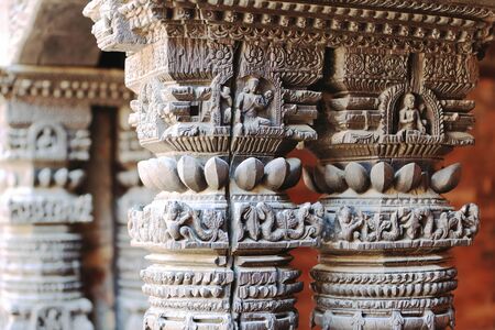 Carved wooden columns in the Patan Museum-Keshav Narayan Chowk  Durbar Square-Patan-Lalitpur District-Nepal のeditorial素材