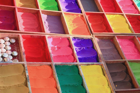 Booth selling many colored tika powder placed at the entrance to the Pashupatinath temple area in...