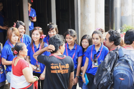 BANDIPUR, NEPAL - OCTOBER 6: The contestants of the Banlamha Mayaju-Miss Beautiful newari beauty contest visit the town on October 6, 2012 in Bandipur-Tanahu District-Gandaki Zone-Nepal.のeditorial素材