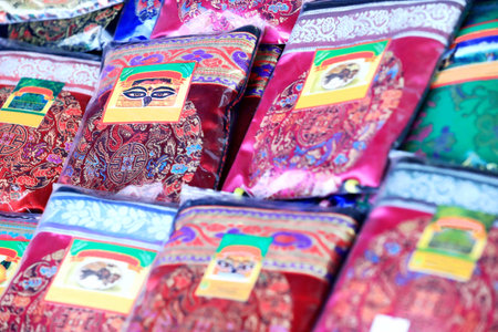 Nepali style dcorated flavored tea packs. Stall on the sidewalk outside shop in a street of Pokhara city. Kaski distr.-Gandaki zone-Nepal.の写真素材