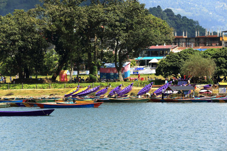 POKHARA, NEPAL - OCTOBER 12: Colorist wooden rowboats wait for the tourists and the locals going for a pleasure ride on the banks of the 4.43 km2-784 ms.high Phewa tal-lake on october 12, 2012 in Pokhara-Kaski distr.-Gandaki zone-Nepal.のeditorial素材