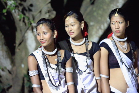 PATIHANI, NEPAL - OCTOBER 13: Girls of the Tharu people in their traditional dressing perform music and dance for the tourists in the Safari Narayani Lodge on October 13, 2012 in Ghatgain-Patihani-Chitwan distr.-Narayani zone-Nepal.のeditorial素材