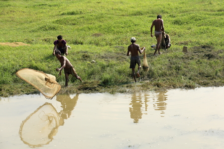 CHITWAN, NEPAL - OCTOBER 14: Local fisherman throws a cast net for fishing into a pond beside the Terai river on October 14, 2012 in the Bufferzone of the Chitwan Nnal.Park. Narayani zone-Nepal.のeditorial素材