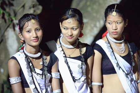 PATIHANI, NEPAL - OCTOBER 13: Girls of the Tharu people in their traditional dress perform music and dance for the tourists in the Safari Narayani Lodge on October 13, 2012 in Ghatgain-Patihani-Chitwan distr.-Narayani zone-Nepal.のeditorial素材