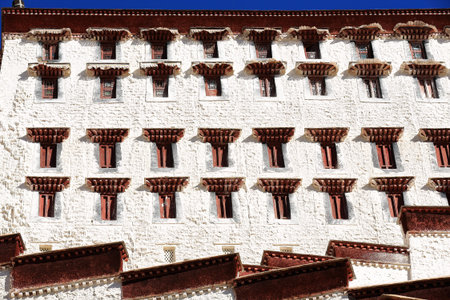 Potala palace with the Potrang Karpo and MarpoRed and White palaces to the E.and W.at 3700 ms.high on Marpo RiRed Hill 300 ms.over the valley. LhasaTibet.の写真素材
