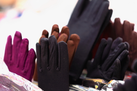 Street stall exhibiting gloves for both men and women for sale in Shigatse city-county and prefecture. Tibet A.R.-China.の写真素材