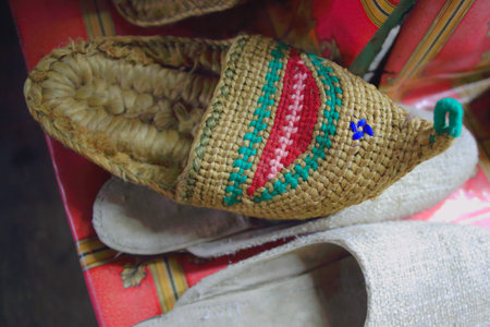 Traditional nepalese hempen slippers for sale in the windowshop of a souvenir store in the Thamel...