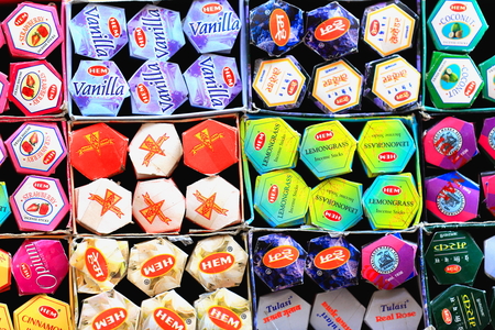 KATHMANDU, NEPAL-OCTOBER 28: Shops in the Thamel area sell nepalese Typical items-incense sticks for tourists on October 28, 2012. Kathmandu-Nepal.のeditorial素材