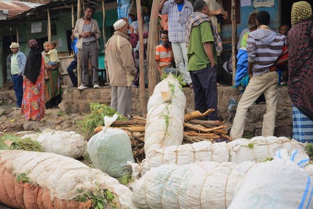 DEGAN, ETHIOPIA-MARCH 25: Local people trade with several packs of khat leaves along with some firewood for the local market on March 25, 2013. Debub Wollo zone-Amhara region.のeditorial素材