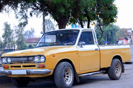 Old japanese pickup truck painted dark yellow and white with regular single cab and two doors plus...