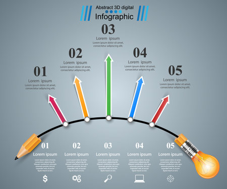 Business Infographics origami style Vector illustration.  Bulb icon. Light icon. Pencil icon.のイラスト素材