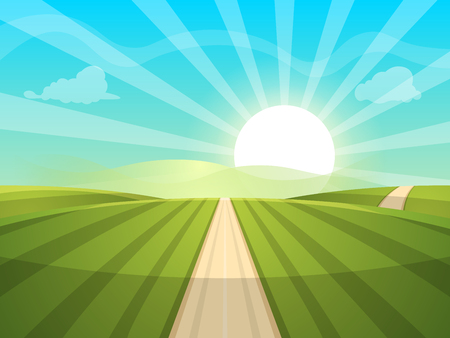 Cartoon landscape illustration. Sun. road, cloud hill Vector eps 10のイラスト素材