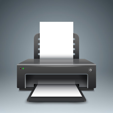 Realistic 3d printer. Paper A4 icon.