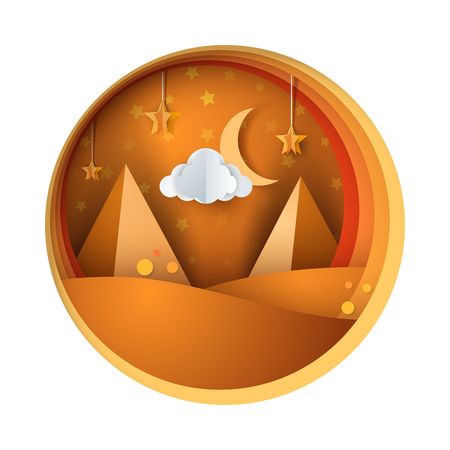 Lifeless desert with moon, clouds and hanging stars - paper illustrationのイラスト素材