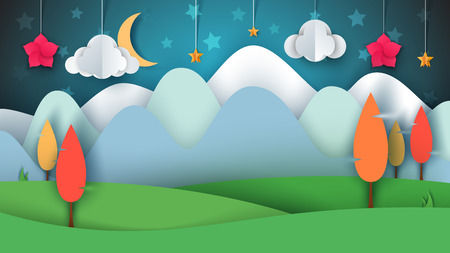 Cartoon paper landscape. Tree, flower, cloud, grass moon star Vector eps 10のイラスト素材
