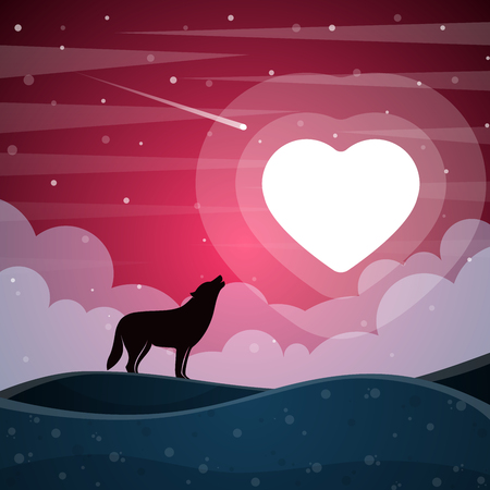 Lonely wolf howls to the heart shaped moon.のイラスト素材