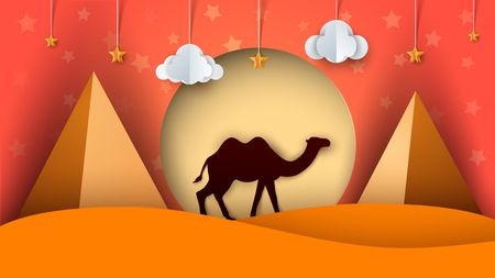 Cartoon paper landscape. Camel illustration. Cloud, star, sun, pyramid.のイラスト素材