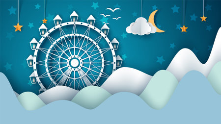 Cartoon paper landscape. Ferris wheel illustration.のイラスト素材