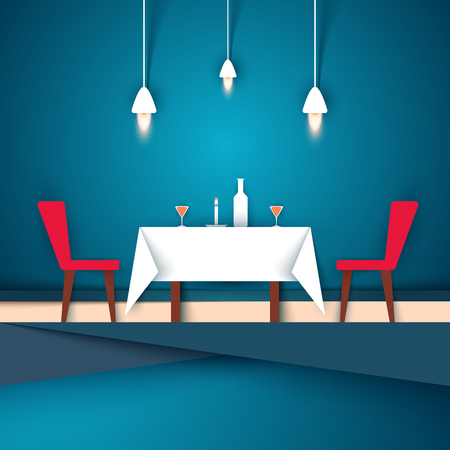 Restaurant - paper illustration. Wineglass, chair, table, candle bottle icon Vector eps 10.のイラスト素材