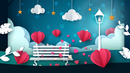 Bench, street light illustration. Cartoon paper landscape.のイラスト素材