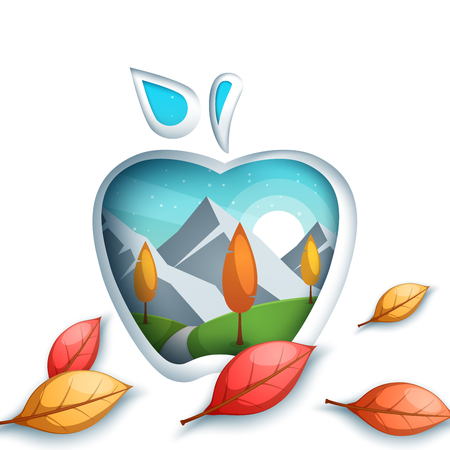 Cartoon paper landscape. Apple illustration.のイラスト素材