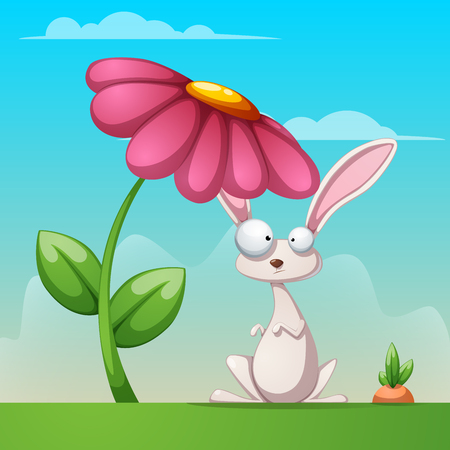 Rabbit under flower in cartoon illustration.のイラスト素材