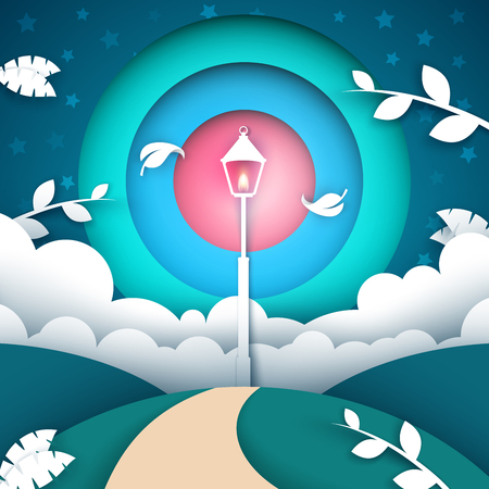 Cartoon paper landscape. Street lamp illustration.のイラスト素材