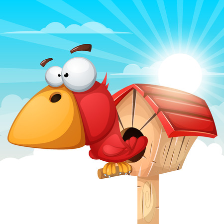 Cartoon birdhouse illustration. Cloud landscape.のイラスト素材