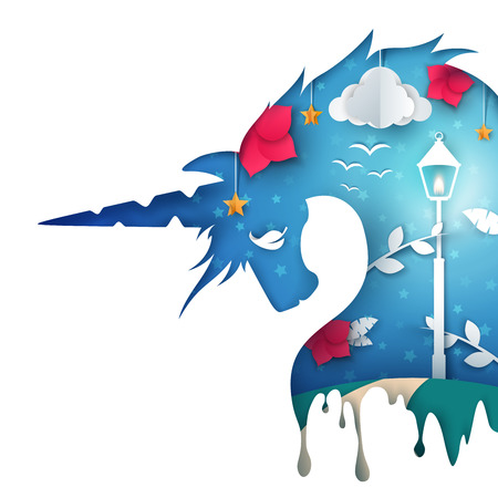 Cartoon unicorn illustration. Paper landscape.のイラスト素材
