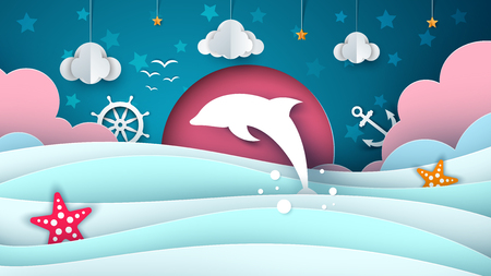 Cartoon sea illustration. Dolphin, cloud, star.のイラスト素材