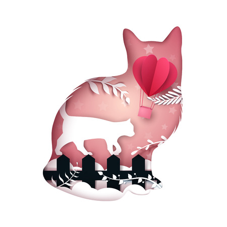 Cartoon paper landscape. Cat illustration. Air balloon, leaf, branch fence Vector eps 10のイラスト素材