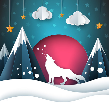 Cartoon paper landscape. Wolf illustration. Merry christmas.のイラスト素材