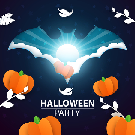 Halloween illustration. Cartoon paper pumpkin and bat.のイラスト素材