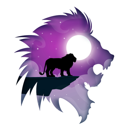 Paper lion cartoon. Night landscape.のイラスト素材